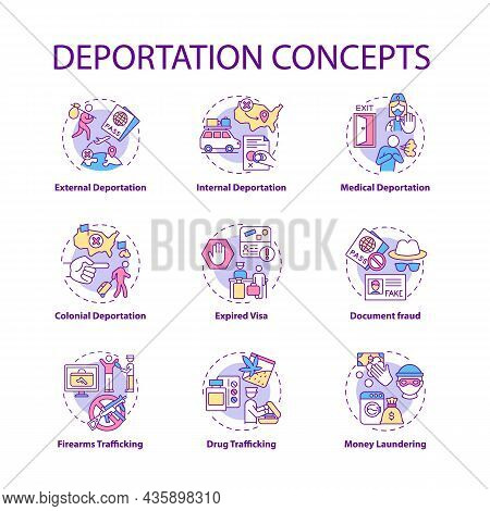 Deportation Concept Icons Set. Reasons For Official Removal From Country. Expired Visa. Immigration 