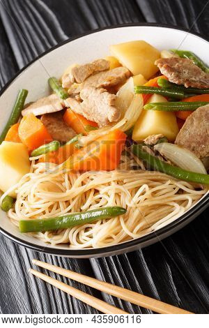 Nikujaga Recipe Pork And Potatoes Stewed In Savory Soy Sauce Based Dashi Broth Close Up In Bowl On T