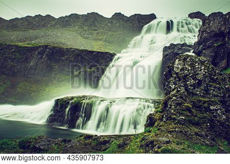 Scenery Of Mountains With Dynjandi, Fjallfoss, Waterfall, Iceland. Long Exposure. Icelandic Summer L