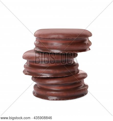 Delicious Choco Pies On White Background. Classic Snack Cakes