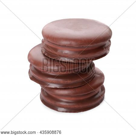 Delicious Choco Pies On White Background. Classic Snack Cakes