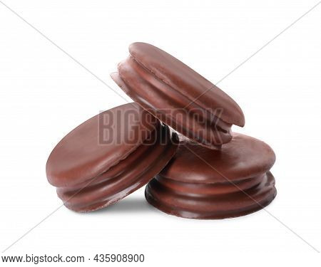 Delicious Choco Pies On White Background. Classic Snack Cakes