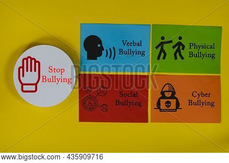 Layout Of A Round Platform With Text Stop Bullying And Notes With Type Of Bullying. Cyberbullying Co