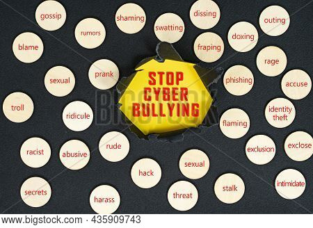 Layout Of Torn Paper With Text Stop Cyber Bullying And Wooden Tiles With Texts Of Cyberbullying Acti