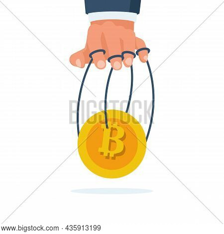 Manipulation Bitcoin. Broker Holds A Coin On The Ropes. Management Stock Market. Digital Money. Vect