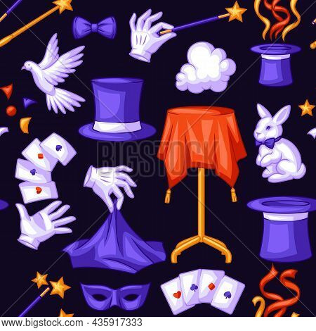 Magician Seamless Pattern With Magic Items. Illusionist Show Or Performance Background. Cartoon Styl