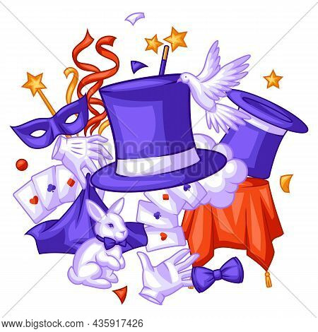 Magician Background With Magic Items. Illusionist Show Or Performance Banner. Cartoon Style Illustra