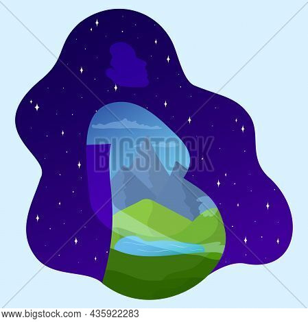 Pregnant Woman In Nature And Space Concept. Green Hills, Lake And Mountains, Space With Stars. Simpl