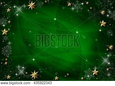 Green Christmas Background With Golden Stars And Shadows And Green Snowflakes - Graphic Design For X