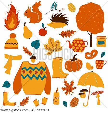 Autumn Icons Set: Cute Yellow And Orange Falling Leaves, Fruits, Forest Animals, Clothes, Mushrooms,