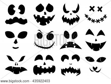 Set Of Halloween Carved Faces Silhouettes. Black Elements For Decorating Pumpkins. Template With Eye