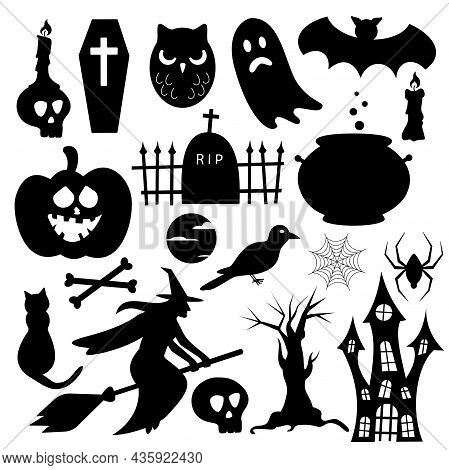 Set Of Halloween Elements. Flat Simple Silhouettes For Holiday Decoration. Vector Illustration