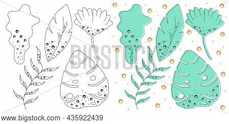 Set Of Leaves With Bubbles. Clip Art, Doodle, Is Suitable For Additional Decorative Decoration On Si