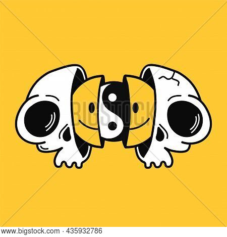 Two Half Of Shull With Smile Face And Yin Yang Inside. Vector Hand Drawn Doodle 90s Style Cartoon Ch