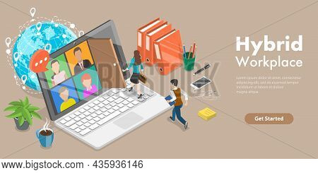 3d Isometric Flat Vector Conceptual Illustration Of Hybrid Workplace, Teleworking And Business Teamw