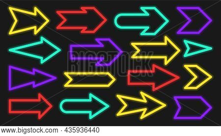 Arrow Neon Color Sign Glowing Pointer Set Flat. Glowing Advertising Signboard Bright Night Advertisi