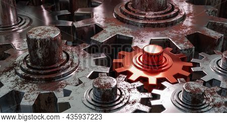 Red Gear Wheel In Machine Proble Error Concept 3d Render Illustration