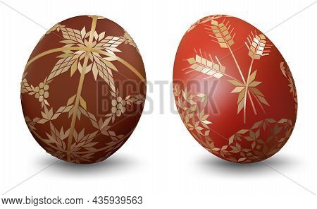 Two Easter Eggs With Ornamental Pattern On White Background - Detailed Illustration, Vector
