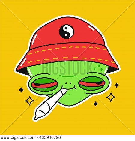 Funny Alien With Cannabis Weed Joint In Mouth. Vector Doodle Cartoon Character Illustration Design. 