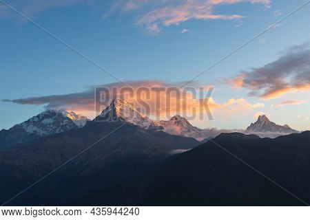 View Of Annapurna Mountain Range From Poon Hill On Sunrise. Its The Famous View Point In Gorepani Vi