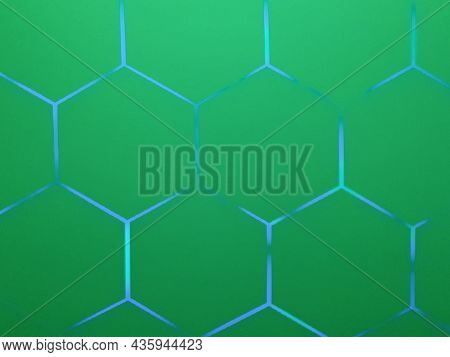 Hexagons On Green Background, Honeycomb Shape On Green Background Copy Space