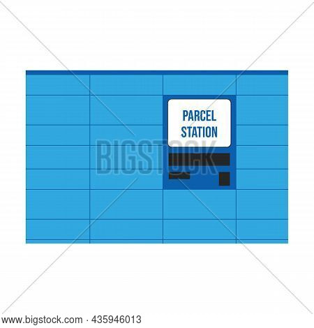 Blue Parcel Station, Parcel Locker, Postamat With Display Vector Icon, Illustration For Contactless 