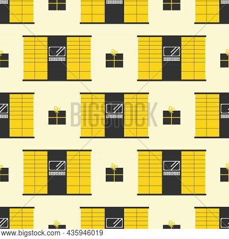 Yellow Parcel Station, Parcel Locker, Postamat And Boxes Vector Seamless Pattern Background.