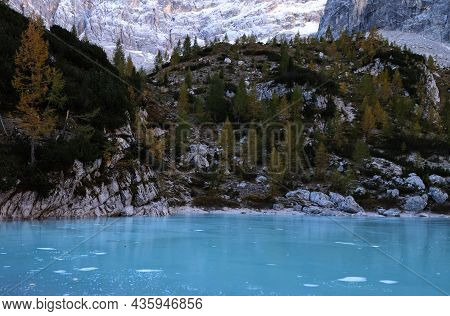 The Frozen Sorapiss Lake, Dolimiti Mountains, Italy. High Quality Photo