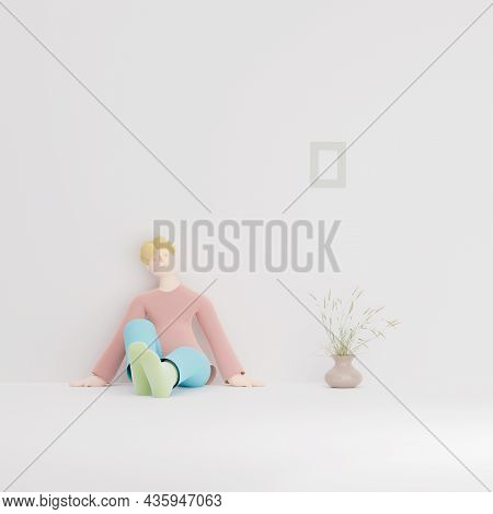 Young Girl Siting With Closed Eyes On Floor In Room. Woman And Bouquet In Vase. Slowing Living. 3d R