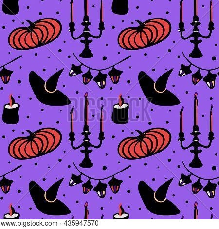 Seamless Vector Pattern In Autumn Colors With Halloween Elements Such As Witches Hat, Candles, Pumpk
