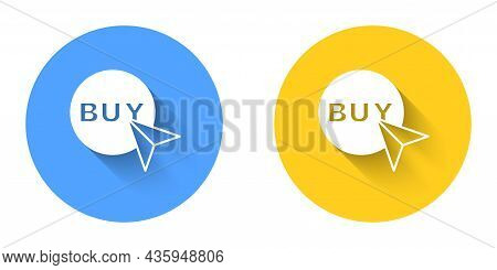 White Buy Button Icon Isolated With Long Shadow Background. Circle Button. Vector