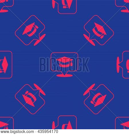 Red Graduation Cap In Speech Bubble Icon Isolated Seamless Pattern On Blue Background. Graduation Ha