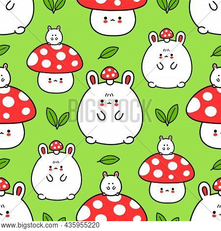 Cute Funny Bunny And Amanita Mushroom Seamless Pattern. Vector Hand Drawn Cartoon Kawaii Character I