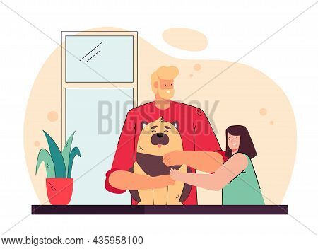 Father Presenting Pet To His Daughter. Man And His Child Petting Dog Flat Vector Illustration. Famil