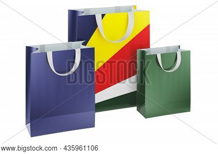 Shopping Bags With Seychelloise Flag. Shopping In Seychelles, Concept. 3d Rendering Isolated On Whit