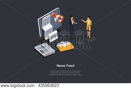 Vector Illustration. Cartoon 3d Style. Isometric Composition. Conceptual Design. News Feed. Two Char