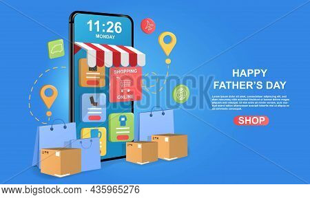 Happy Fathers Day. Smartphone With Gifts For Loved Ones On Screen. Online Store, Internet Sales. Cre