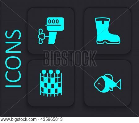 Set Fish, Outboard Boat Motor, Fishing Boots And Net Pattern Icon. Black Square Button. Vector