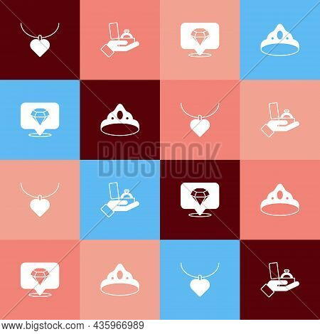 Set Pop Art Necklace With Heart Shaped, Diamond Engagement Ring In Box, And King Crown Icon. Vector