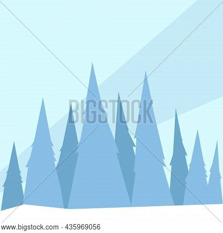 Winter Holiday Forest Minimalistic Flat Design Illustration. Vector Image Of Pine Trees On Blue Back
