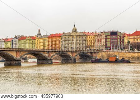 Czech Republic. Prague 02/26/2017. View From The River To The European City And The Stone Bridge