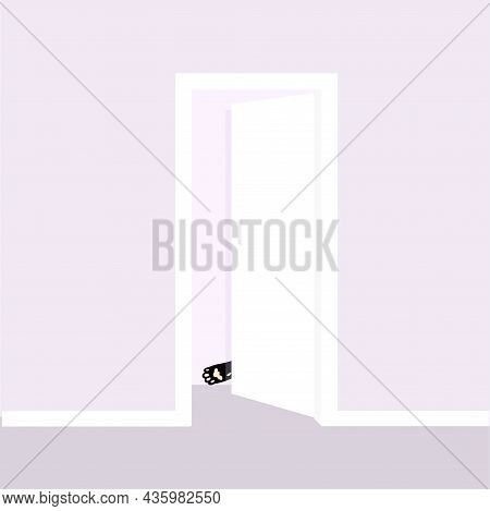 Black Cat Paw Open White Door On Grey Art Flat Design Stock Vector Illustration For Web, For Print