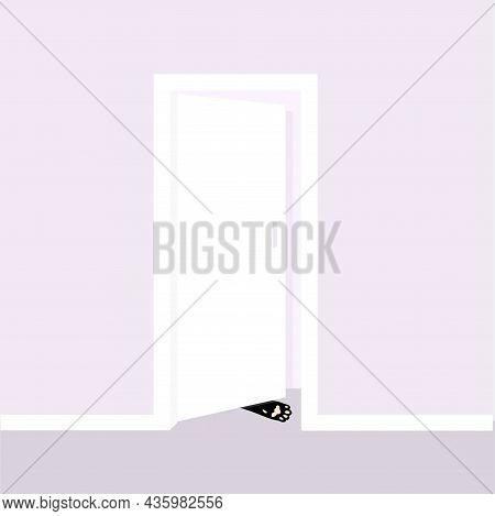 Black Cat Paw Open White Door On Grey Art Flat Design Stock Vector Illustration For Web, For Print