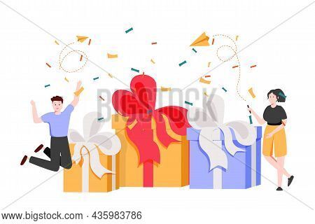 Group Of Young People Celebrating Birthday In Surprise Party. Friends Giving Gift Boxes Wot Birthday