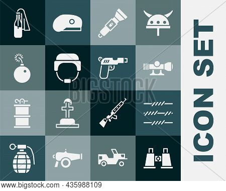 Set Binoculars, Barbed Wire, Sniper Optical Sight, Flashlight, Military Helmet, Bomb Ready To Explod