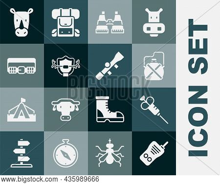 Set Walkie Talkie, Syringe, Canteen Water Bottle, Binoculars, Deer Antlers On Shield, Hunting Cartri