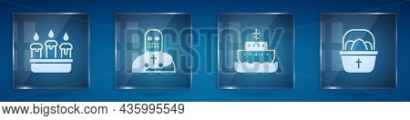 Set Burning Candle In Candlestick, Knight Crusader, Ark Of Noah And Basket With Easter Eggs. Square 