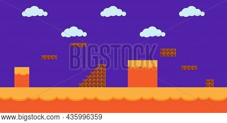 Game City. Computer Play. Cartoon Style. Retro Arcade. Cloud Sky. Abstract Design. Vector Illustrati