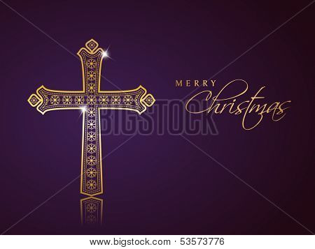 Merry Christmas celebration background with golden Christian Cross on purple background. 