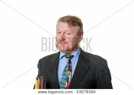 Concerned Businessman With Folders - On White